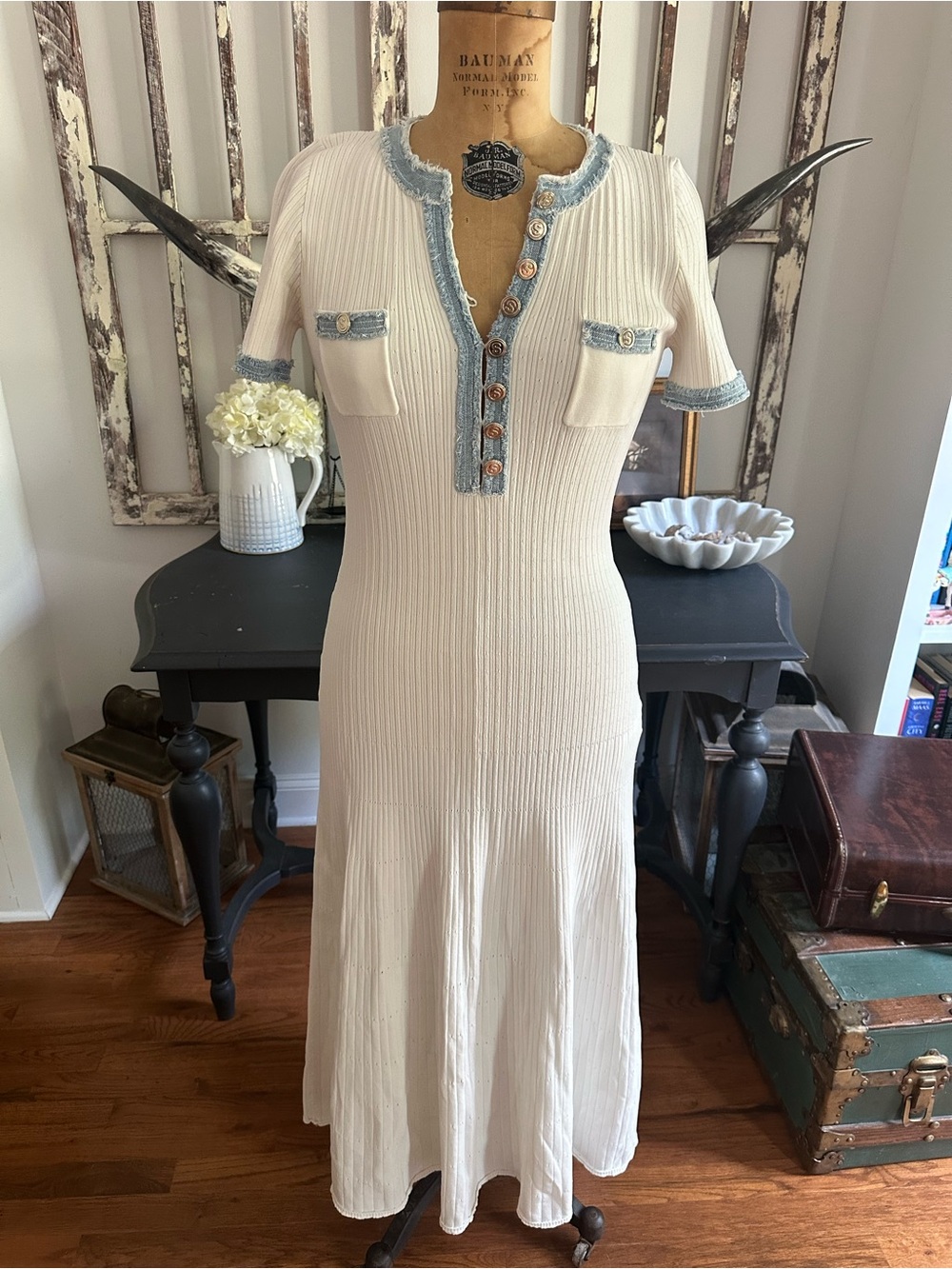 Beautiful Sandro White Maxi Dress with Denim Piping Size 10